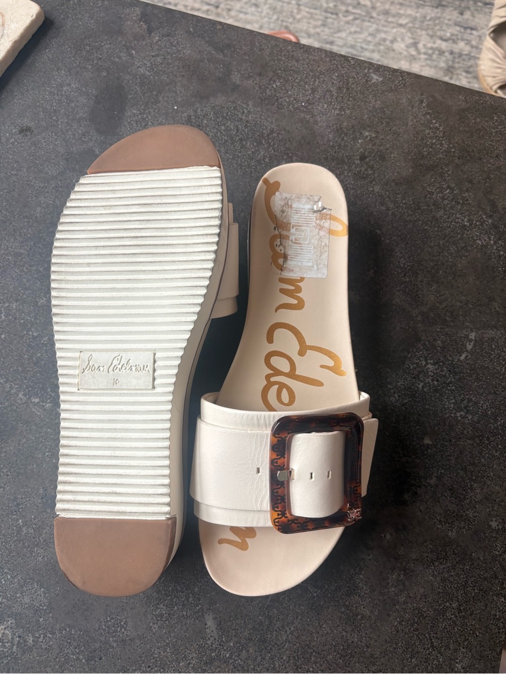 Sam Edelman Cream Slide Sandals with Tortoiseshell Buckle